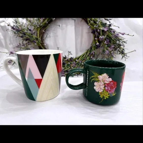 Starbucks | Other | Starbucks Lot 2 Mugs 28 Bando Coffee Green Floral Cup  And Geometric T | Poshmark